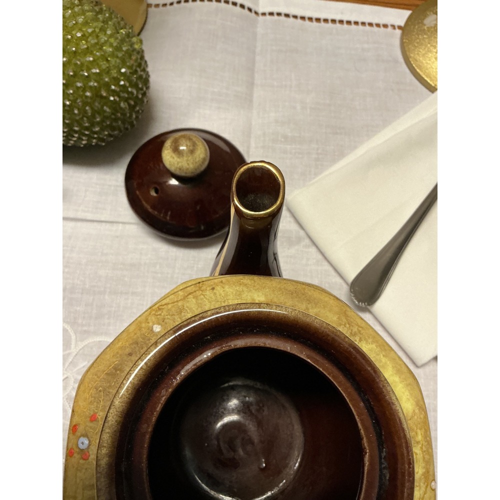 Vintage Japanese Ceramic Teapot Brown Drip Glaze Hand Painted Floral Hexagonal - Picture 8 of 11
